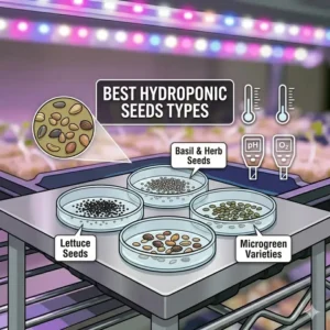 Illustration showing the process of soaking hydroponic seeds in water before placing them in starter cubes.