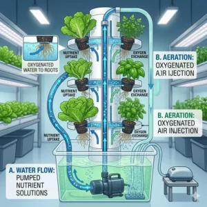 Technical diagram showing how a hydroponics pump circulates oxygenated water to plant roots for better growth.