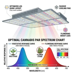A detailed PAR spectrum chart illustrating the ideal wavelength configuration found in the best weed grow lights for vegetative and flowering stages.
