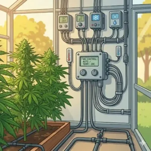 Large automated ventilation fans and intake systems mounted inside a professional greenhouse for weed.