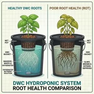 Comparison of healthy root development using a dwc hydroponic system kit versus traditional soil planting.