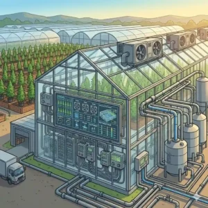 Automated hydroponic and irrigation systems feeding young plants within a modern greenhouse for weed.