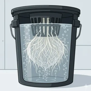 Healthy white plant roots submerged in nutrient solution within a deep water culture hydroponic bucket kit.