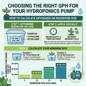 An informative chart helping users choose the correct GPH rating for their specific hydroponics pump needs.