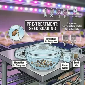 Step-by-step diagram of tweezers placing hydroponic seeds into a damp rockwool cube.