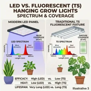 A comparison chart showing the light spectrum and efficiency of LED versus T5 fluorescent hanging grow lights.