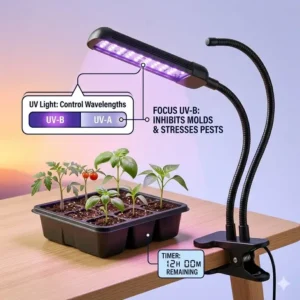 A close-up illustration of a clip-on uv light lamp for plants targeting young vegetable seedlings growing in a starter tray.