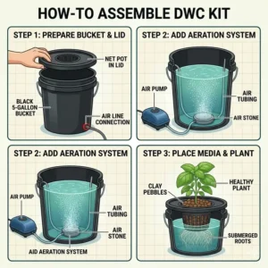 Step-by-step assembly instructions for setting up a 5-gallon dwc hydroponic system kit.