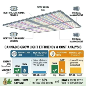 A data spreadsheet and cost analysis breaking down the monthly electricity savings when running the best weed grow lights compared to HPS.