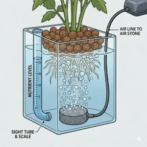 Close-up of the sight tube water level indicator installed on the side of hydroponic grow buckets.