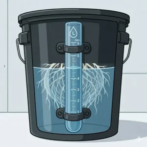 Detail of the external water level indicator tube installed on a professional hydroponic bucket kit.