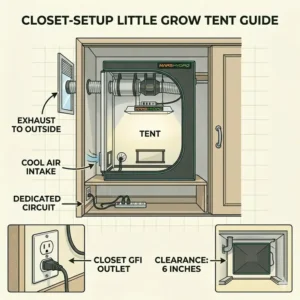 A compact little grow tents setup neatly tucked away inside a standard bedroom closet.