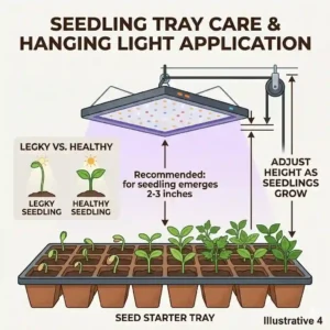 Young seedlings in a starter tray positioned perfectly under adjustable hanging grow lights to promote healthy growth.