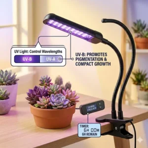 A small desktop uv light lamp for plants focusing light on a colorful collection of indoor succulents.