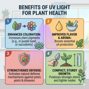 5: An educational graphic explaining the health benefits provided by uv lights for plants.