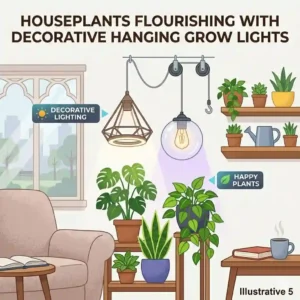 Modern living room interior design featuring indoor houseplants illuminated by stylish and decorative hanging grow lights.