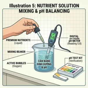 Graphic illustrating how to mix nutrient solutions and balance pH for a dwc hydroponic system kit.