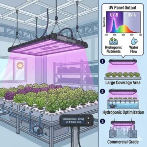 An illustration of a large hanging uv light lamp for plants suspended over a home hydroponics system.