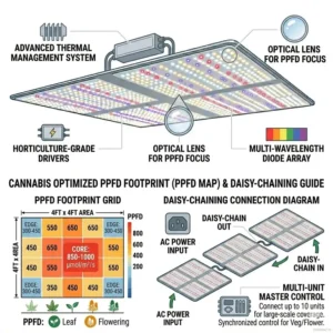 A step-by-step connection diagram showing how to safely daisy-chain and link multiple units of the best weed grow lights together inside a commercial grow tent.