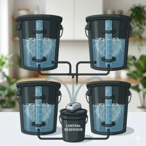 A multi-unit system connecting four individual units of a hydroponic bucket kit to a central reservoir.