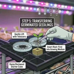 Graphic detailing healthy white roots emerging from sprouted hydroponic seeds in a net cup.
