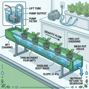 A visual guide showing the water flow process in an NFT system powered by a reliable hydroponics pump.