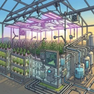 Overhead supplemental LED grow lighting illuminating a high-tech greenhouse for weed during a overcast day.