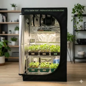 Alt Text 6: Young plant seedlings growing under warm lights inside a little grow tents designed for propagation.