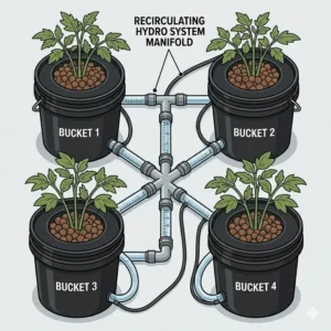 A technical layout of multiple recirculating hydroponic grow buckets connected by a main manifold.