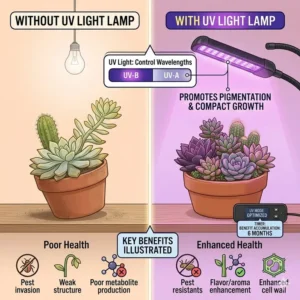 A side-by-side comparison illustration showing a weak plant without proper lighting versus a healthy plant grown under a uv light lamp for plants.