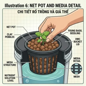 Detailed view of a net pot and clay pebble media used in a standard dwc hydroponic system kit.