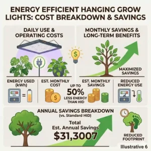 An informative infographic breaking down the energy consumption and monthly costs of running hanging grow lights.