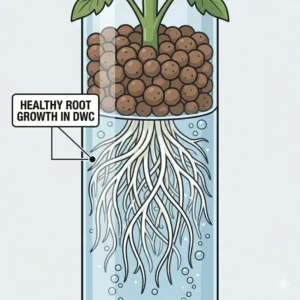 Diagram showing healthy white root development submerged in the nutrient solution of hydroponic grow buckets.