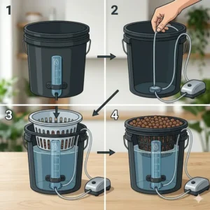 Step-by-step instructions showing how to properly assemble and set up a hydroponic bucket kit.