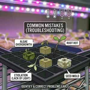 Illustration highlighting common issues with hydroponic seeds such as damping off and overwatering.