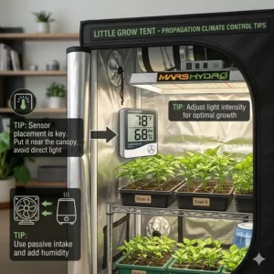 An illustration highlighting where to place a hygrometer to monitor temperature and humidity in a little grow tents.