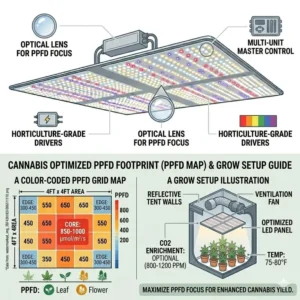 A color-coded PPFD grid map showing the uniform light distribution footprint delivered by the best weed grow lights across a four-by-four area.