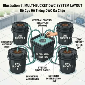 A bird's eye view showing a multi-bucket expansion layout of a dwc hydroponic system kit for large scale grows.