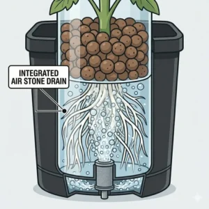 Illustration of the specialized drainage valve at the base of hydroponic grow buckets for easy maintenance.