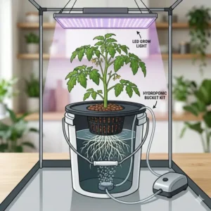 An indoor gardening setup featuring a hydroponic bucket kit under LED grow lights inside a tent.