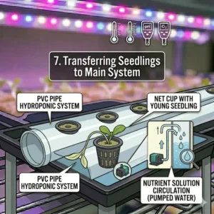 Illustration of moving sprouted hydroponic seeds from a starter tray into a nutrient film technique hydroponic system.