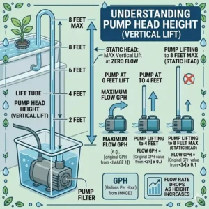 Educational graphic explaining the concept of head height and vertical lift capacity for a hydroponics pump.