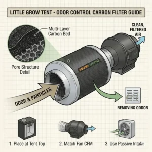 A visual guide explaining how a carbon filter manages odor and airflow inside a little grow tents.