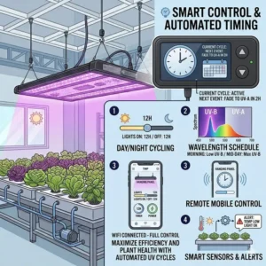 An illustration highlighting the built-in automatic timer control panel on a flexible uv light lamp for plants.
