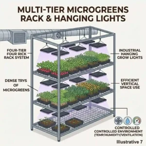 Industrial vertical farming setup showing multiple tiers of leafy greens under high-output hanging grow lights.