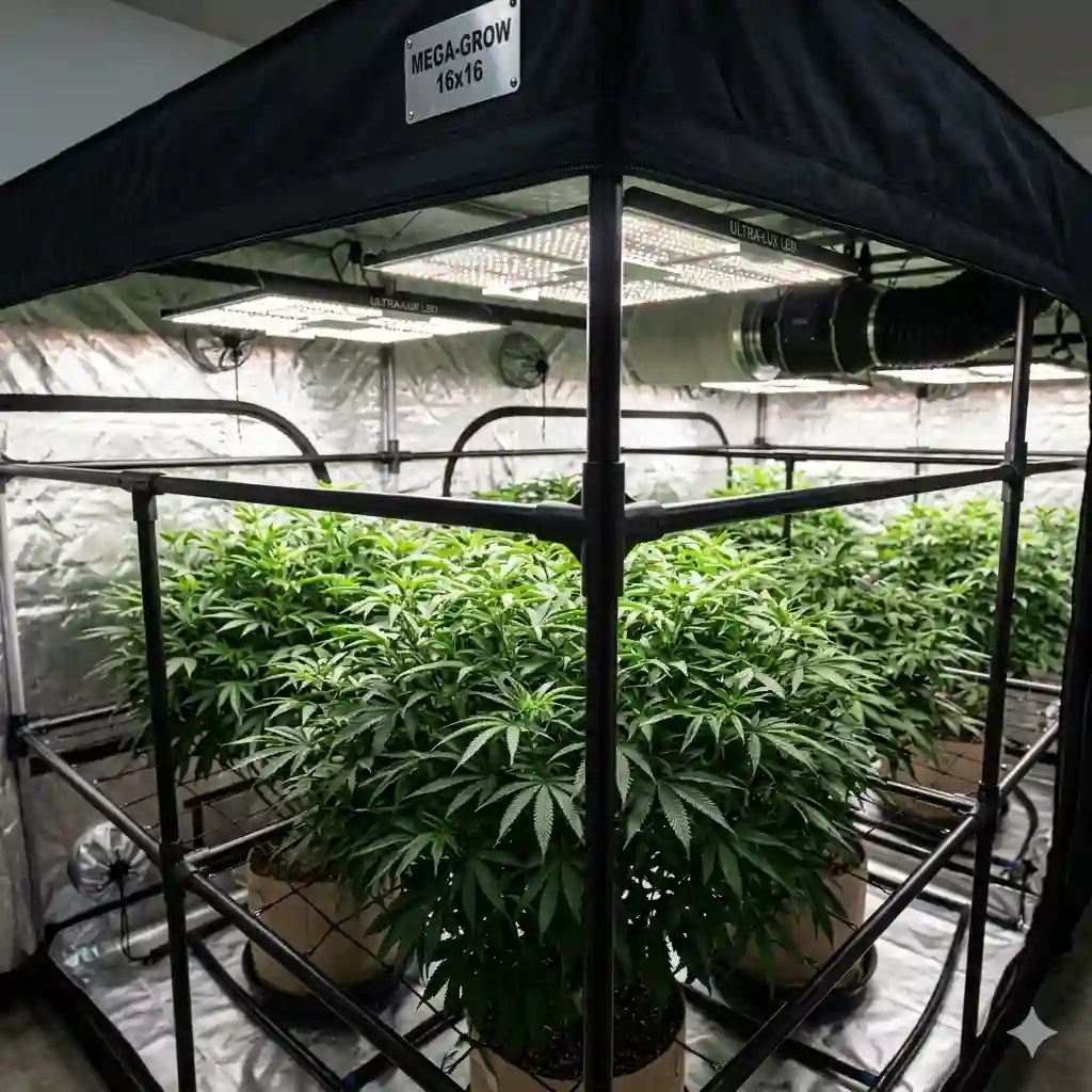 A fully equipped big grow tent setup featuring lush indoor plants growing under powerful LED lights with an inline fan ventilation system.