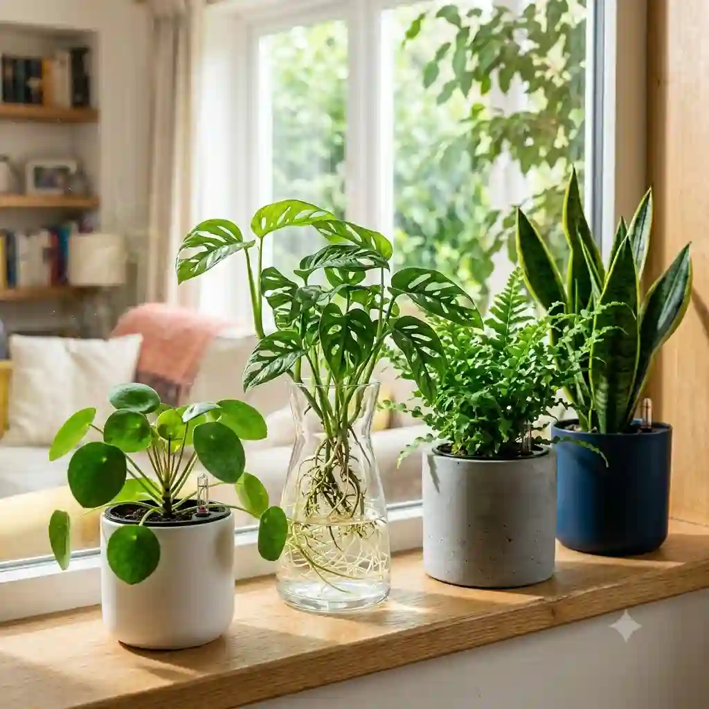 A collection of modern hydro plant pots with thriving green houseplants on a sunny window sill.