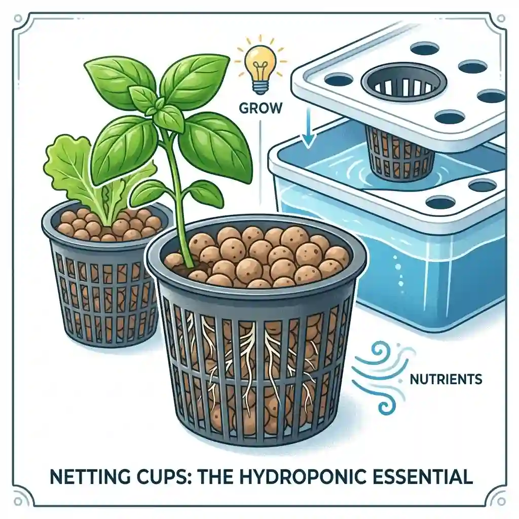 A variety of black plastic netting cups filled with clay pebbles for a hydroponic garden setup.