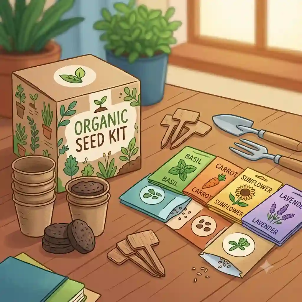 A beautifully packaged organic garden seed kits opened on a wooden table, showcasing neatly labeled packets, biodegradable pots, and soil disks.