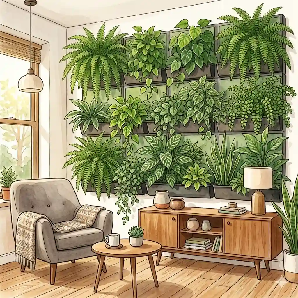A lush green wall vertical garden installed in a modern living room, featuring a vibrant mix of ferns, pothos, and philodendrons.